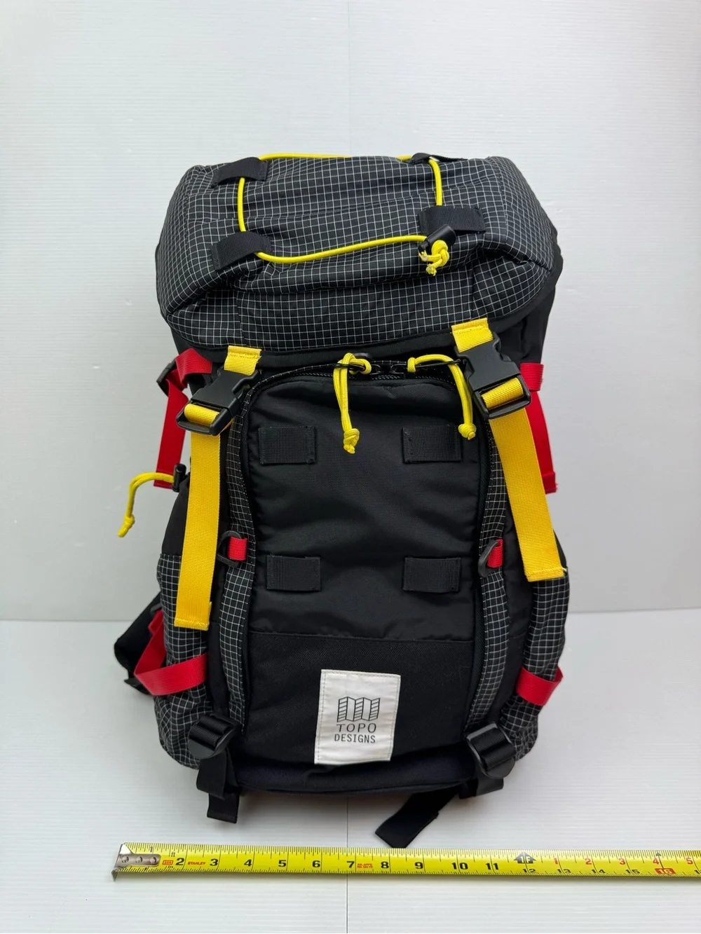Topo Designs Mountain Pack 28L Backpack Black Yellow Gridstop Technical Hiking
